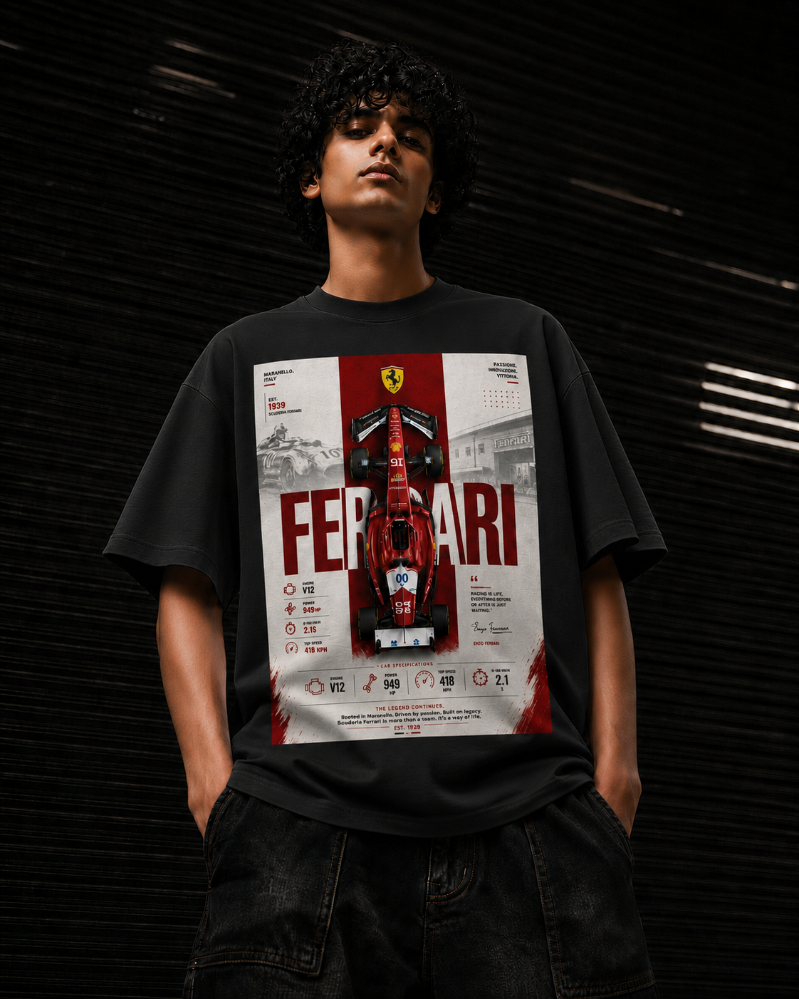 black front back - Ferrari Graphic Unisex Terry Oversized Tshirt | Cikada Clothing
