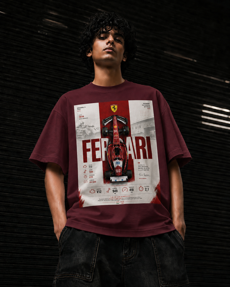 maroon front back - Ferrari Graphic Unisex Terry Oversized Tshirt | Cikada Clothing