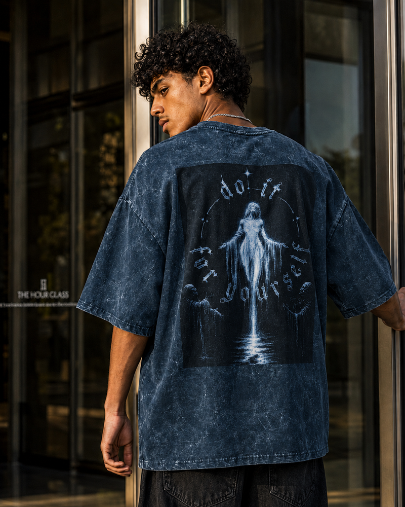 navy blue front back - "Do it for Yourself" Unisex Acid Washed Oversized Tshirt | Cikada Clothing