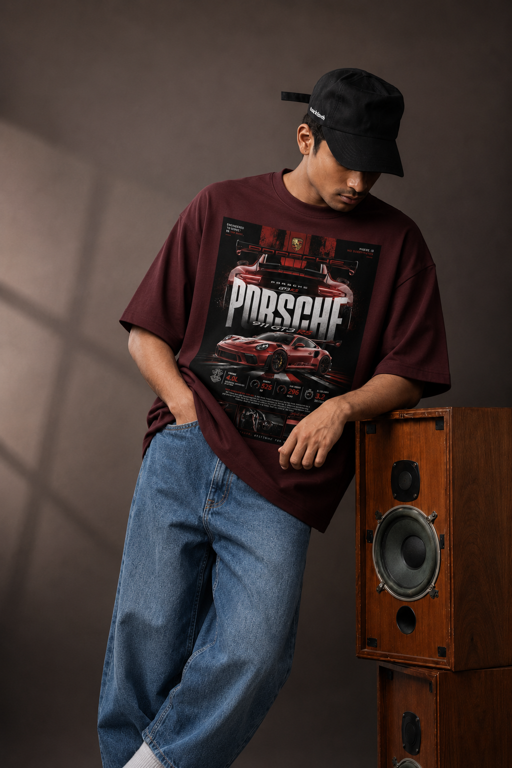 maroon front back - Porsche 911 Unisex Oversized Classic T-Shirt | Cikada Clothing