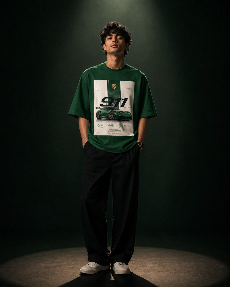 bottle green front back - Porsche 911 Unisex Terry Oversized T-Shirt | Cikada Clothing