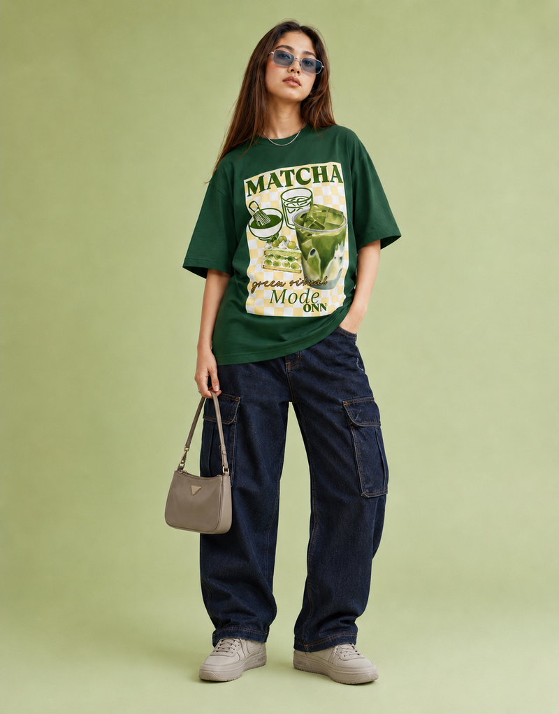 bottle green front back - Matcha Graphic Unisex Oversized Classic T-Shirt | Cikada Clothing