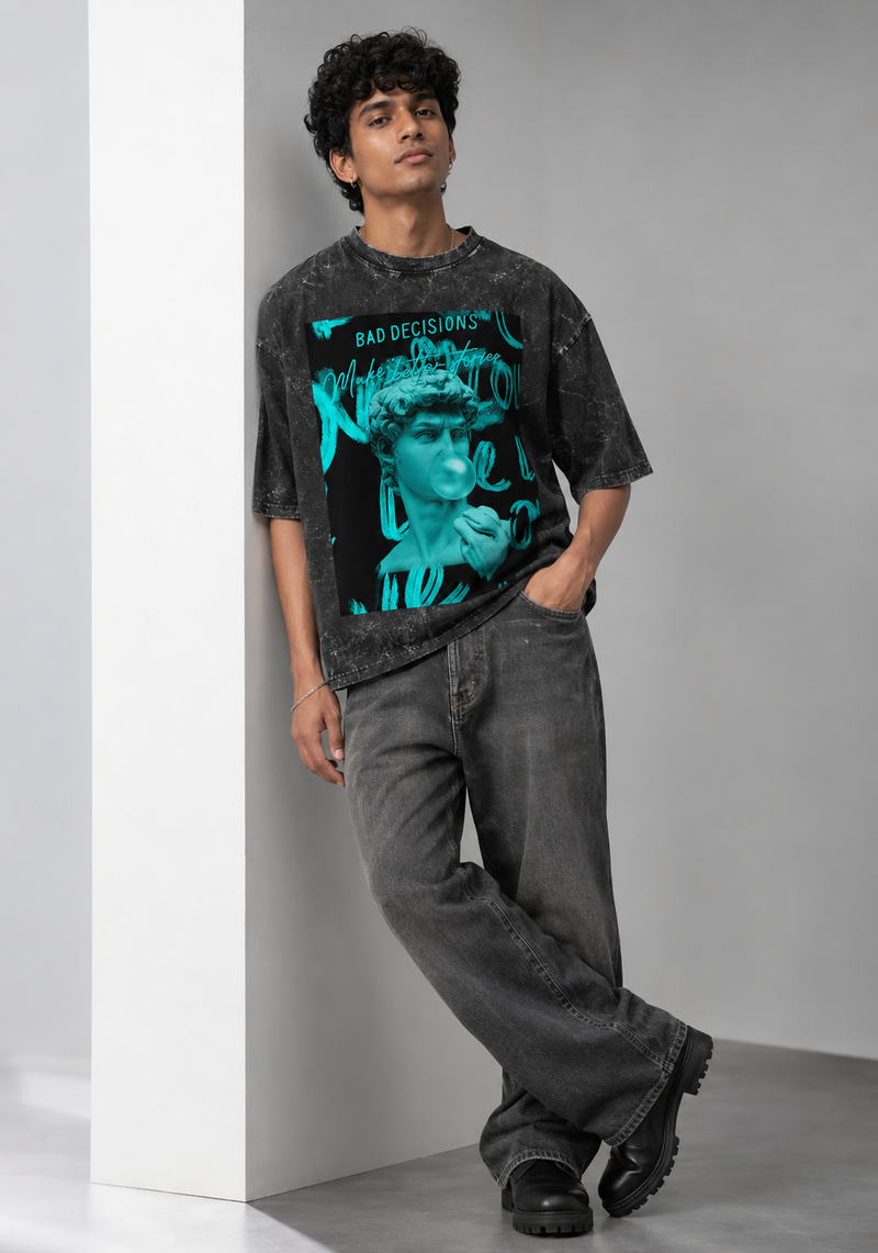 black front back - Bad Decision Unisex Acid Washed Oversized T-Shirt | Cikada Clothing