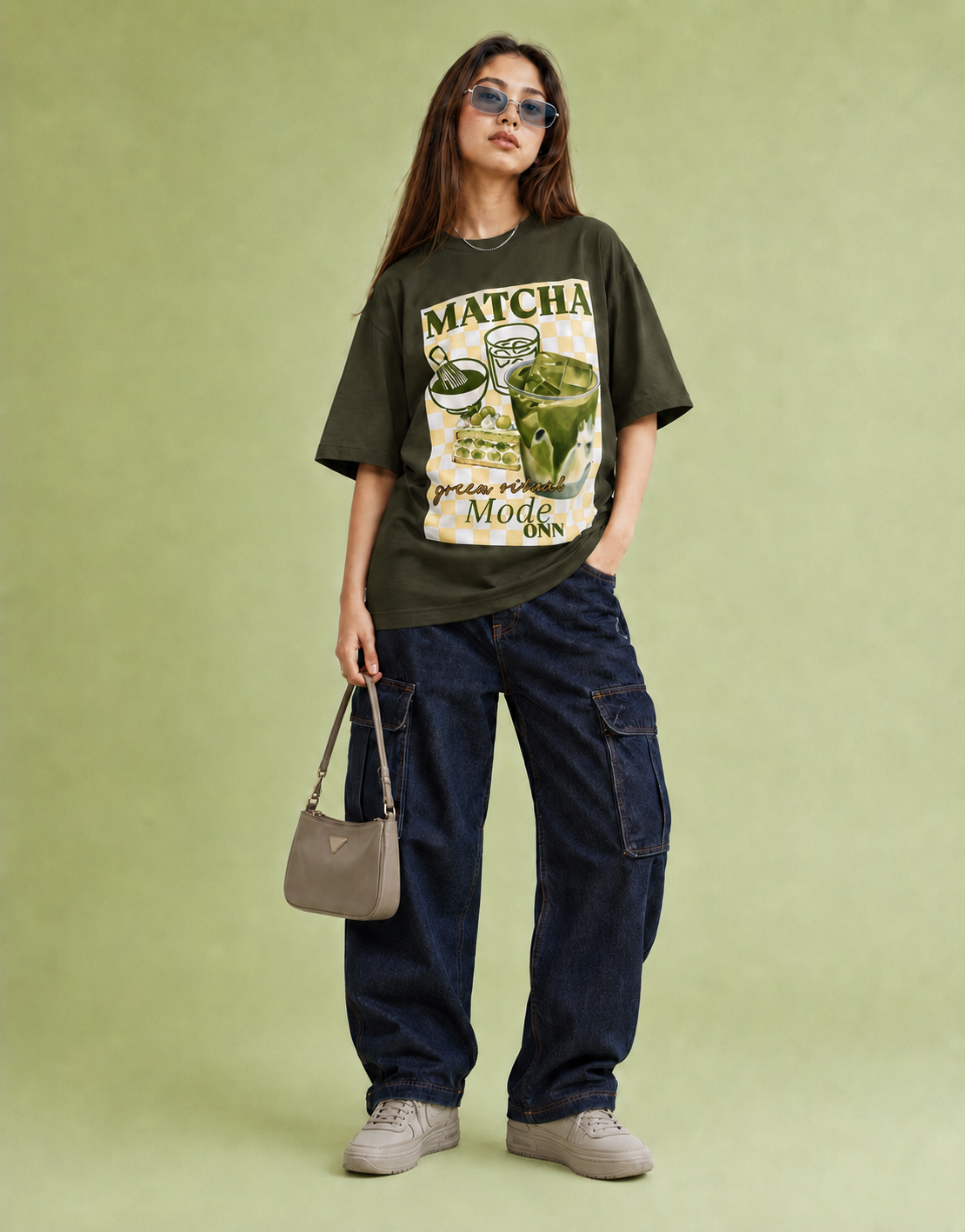 olive green  front back - Matcha Graphic Unisex Oversized Classic T-Shirt | Cikada Clothing