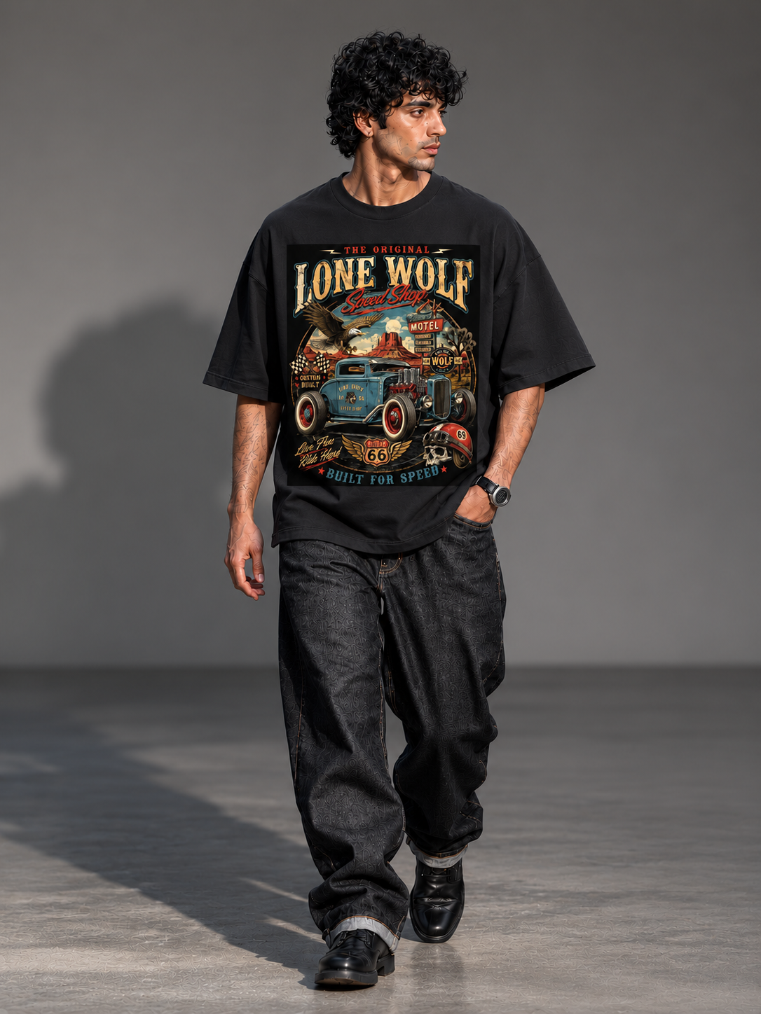black front back - Unisex Terry Oversized Graphic Tee Lone Wolf | Cikada Clothing