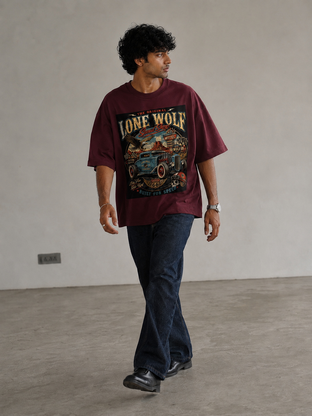 maroon front back - Unisex Terry Oversized Graphic Tee Lone Wolf | Cikada Clothing