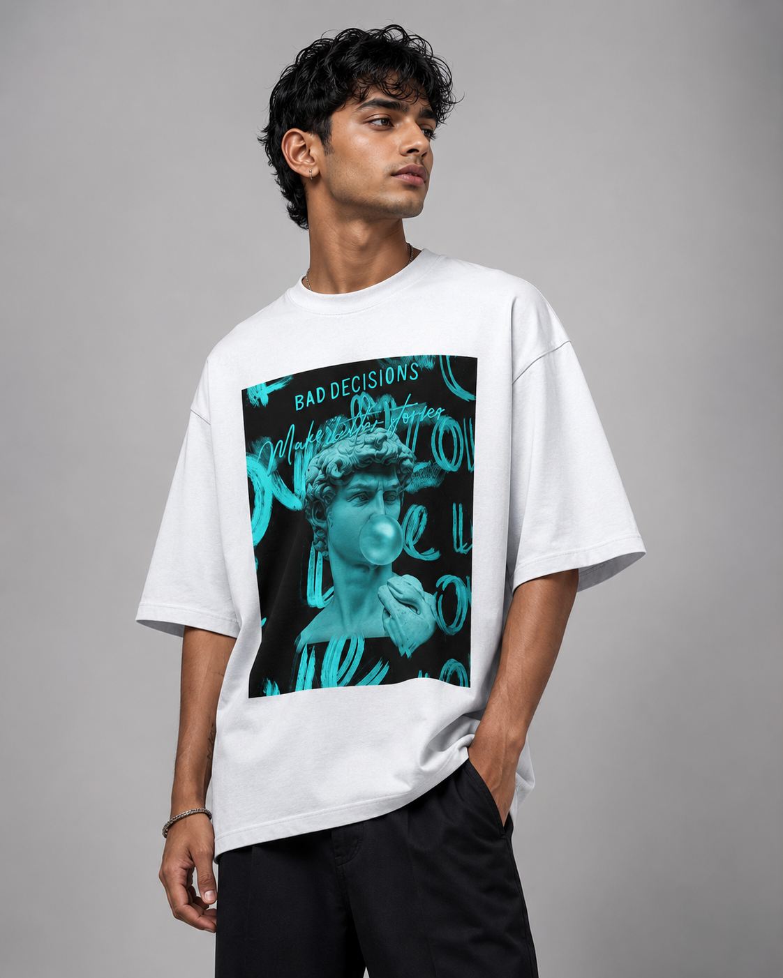 white front back - Bad Decision Unisex Terry Oversized Tee | Cikada Clothing