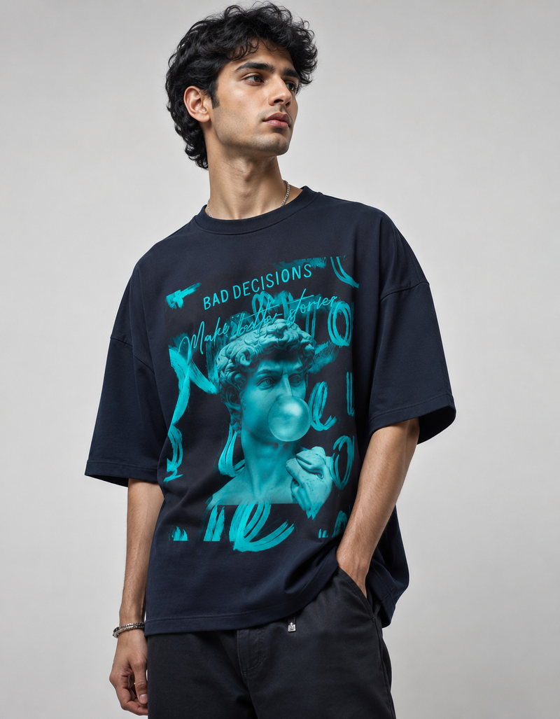 navy blue front back - Bad Decision Unisex Terry Oversized Tee | Cikada Clothing