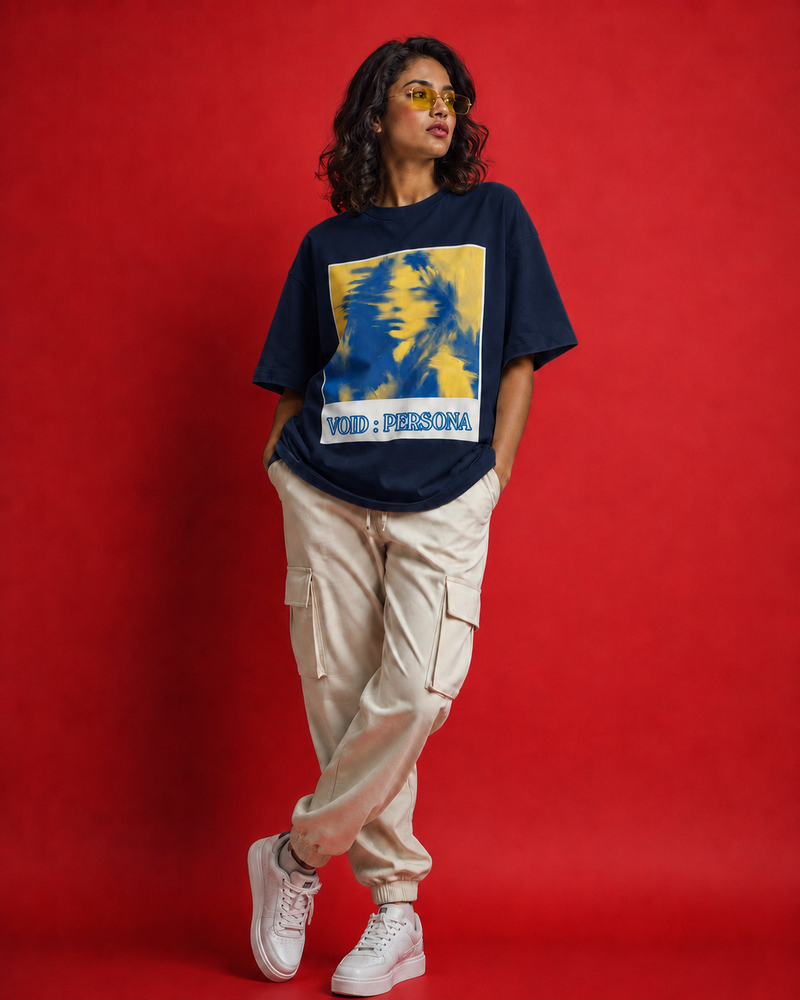 navy blue front back - Void Persona Graphic Unisex Terry Oversized T-Shirt | Cikada Clothing