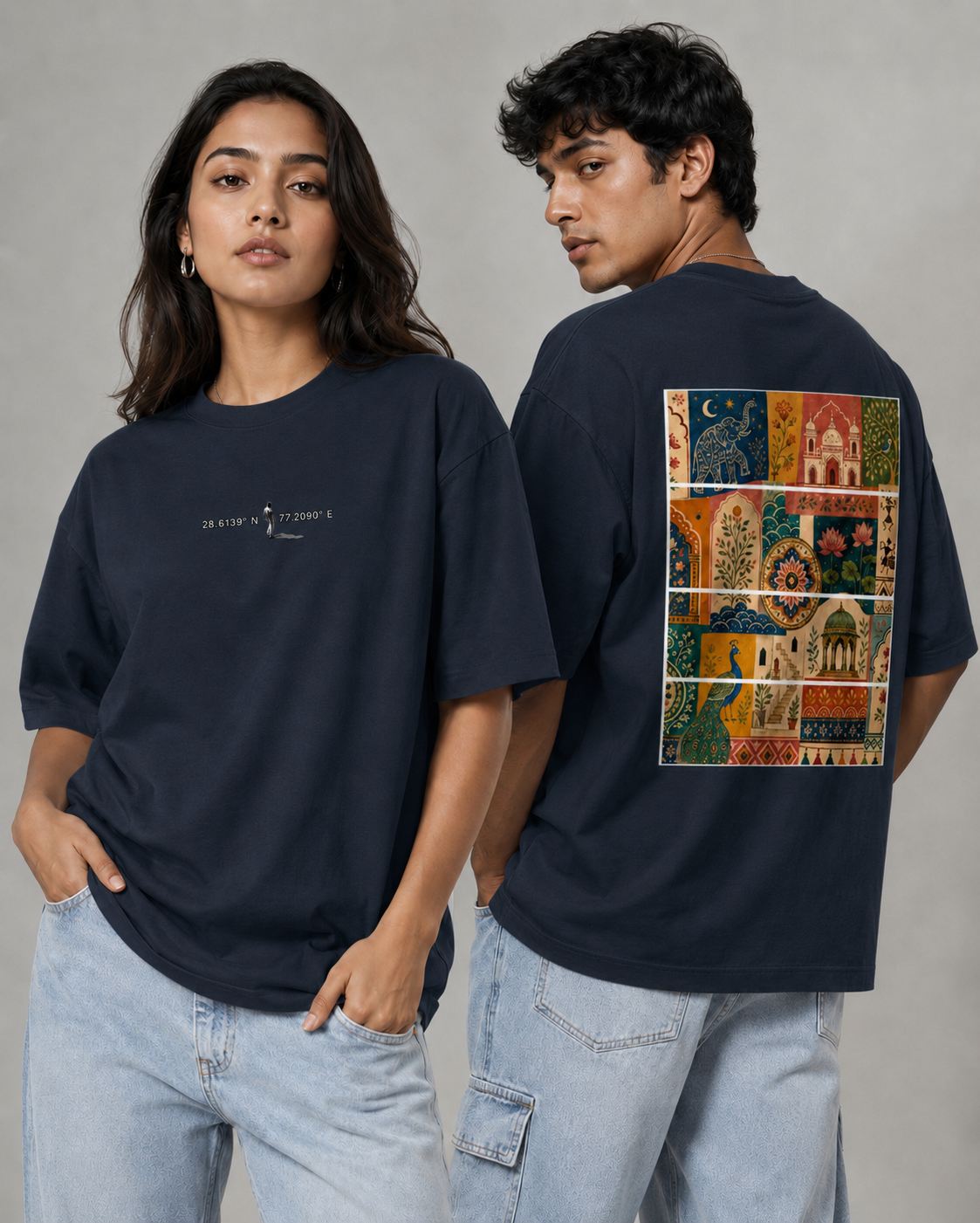 navy blue front back - Unisex Oversized Classic T-Shirt Motif Art Graphic | Cikada Clothing