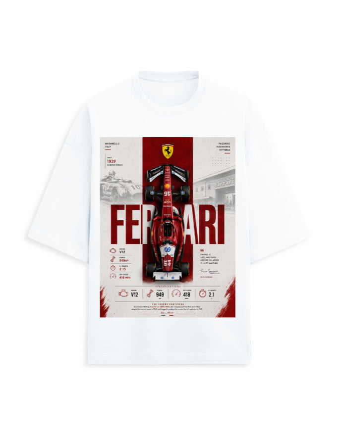 white front - Ferrari Graphic Unisex Terry Oversized Tshirt | Cikada Clothing