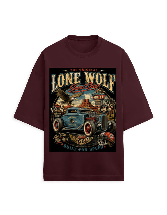 maroon front - Unisex Terry Oversized Graphic Tee Lone Wolf | Cikada Clothing