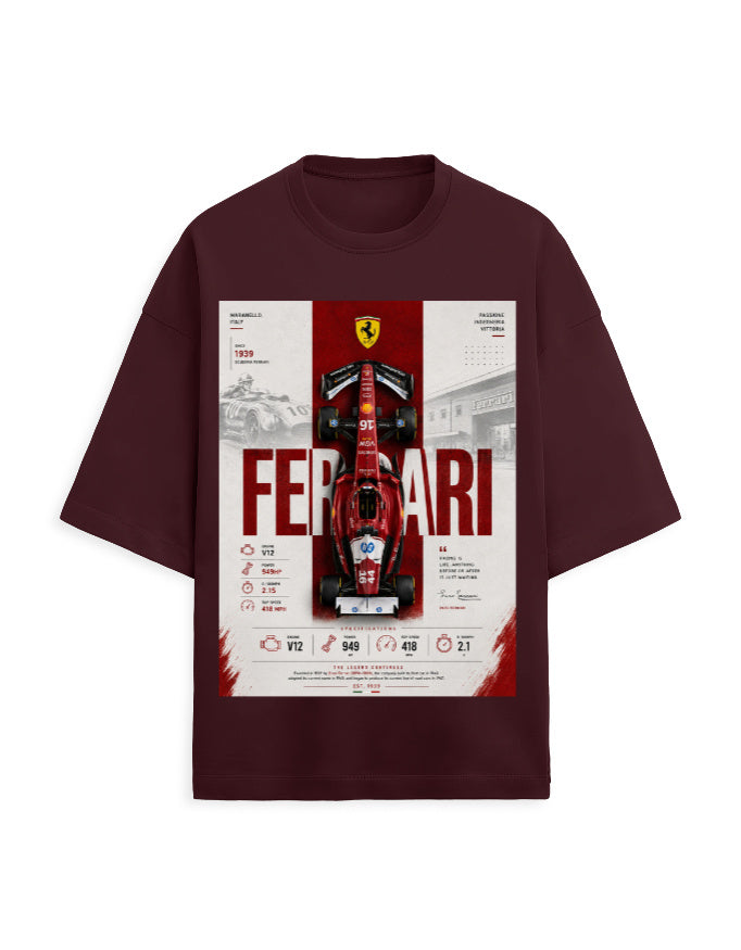 maroon front - Ferrari Graphic Unisex Terry Oversized Tshirt | Cikada Clothing