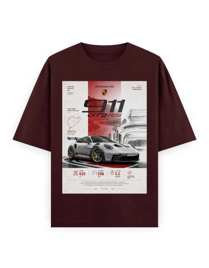 maroon front - Porsche 911 Unisex Oversized Classic T-Shirt | Cikada Clothing