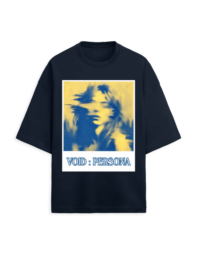 navy blue front - Void Persona Graphic Unisex Terry Oversized T-Shirt | Cikada Clothing