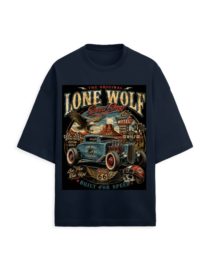navy blue front - Unisex Terry Oversized Graphic Tee Lone Wolf | Cikada Clothing