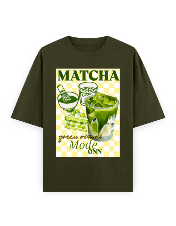 olive green front - Matcha Graphic Unisex Oversized Classic T-Shirt | Cikada Clothing