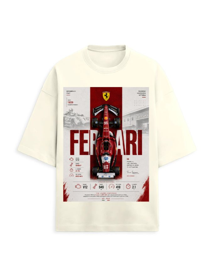 off white front - Ferrari Graphic Unisex Terry Oversized Tshirt | Cikada Clothing