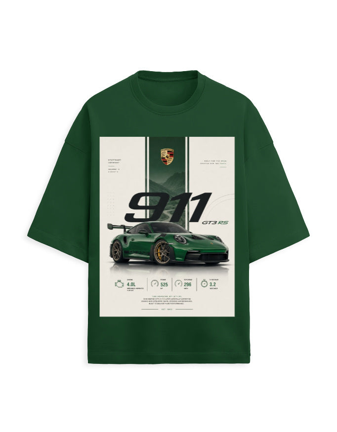 bottle green front - Porsche 911 Unisex Terry Oversized T-Shirt | Cikada Clothing