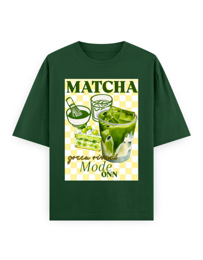 bottle green front - Matcha Graphic Unisex Oversized Classic T-Shirt | Cikada Clothing