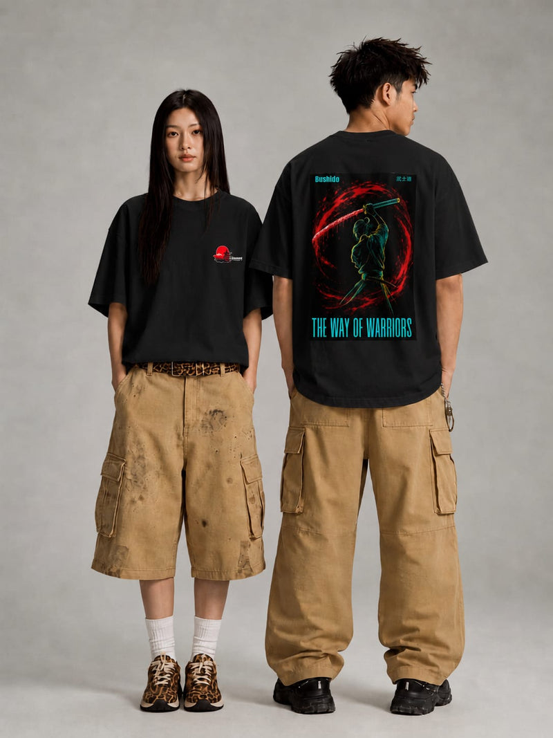 black front back - Bushido Graphic Unisex Terry Oversized Tee | Cikada Clothing