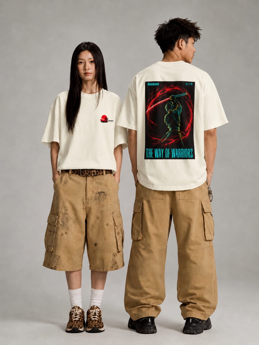 off white front back - Bushido Graphic Unisex Terry Oversized Tee | Cikada Clothing