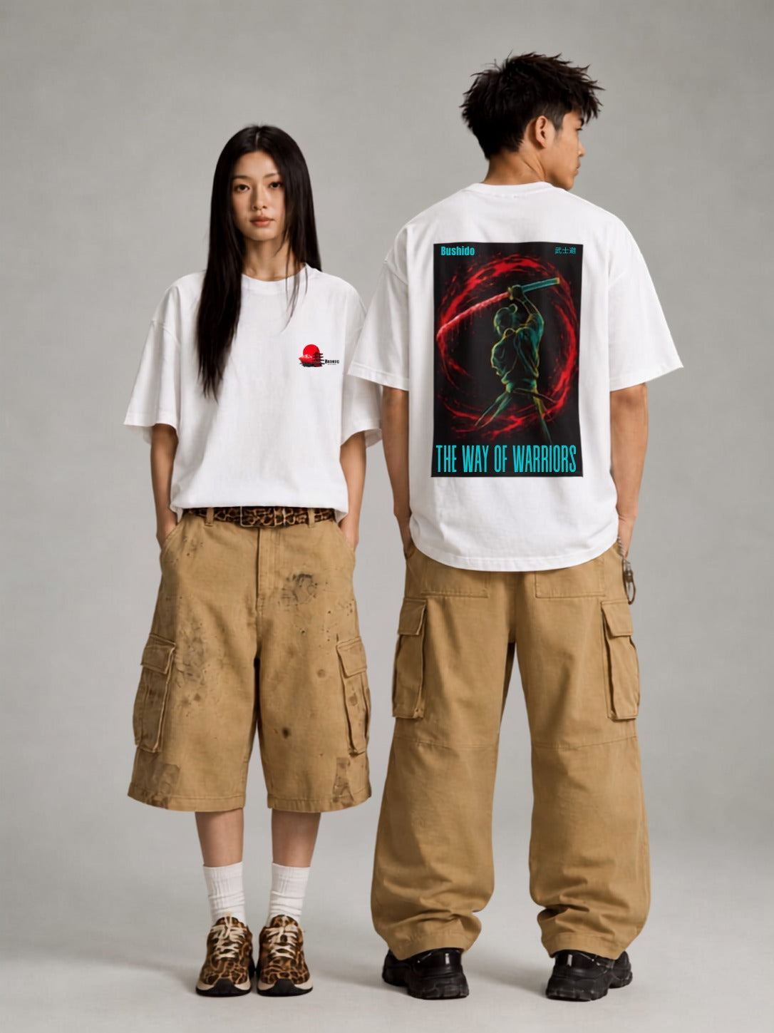 white front back - Bushido Graphic Unisex Terry Oversized Tee | Cikada Clothing