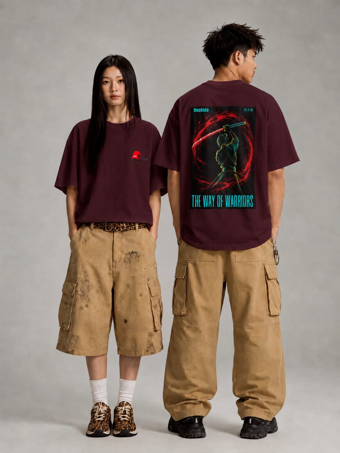 maroon back front - Bushido Graphic Unisex Terry Oversized Tee | Cikada Clothing