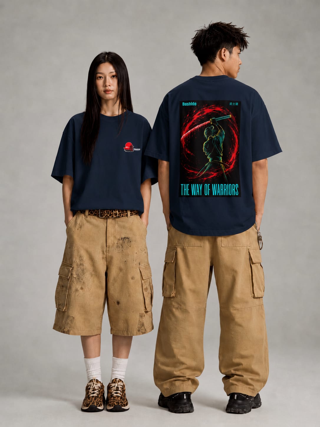 navy blue front back - Bushido Graphic Unisex Terry Oversized Tee | Cikada Clothing
