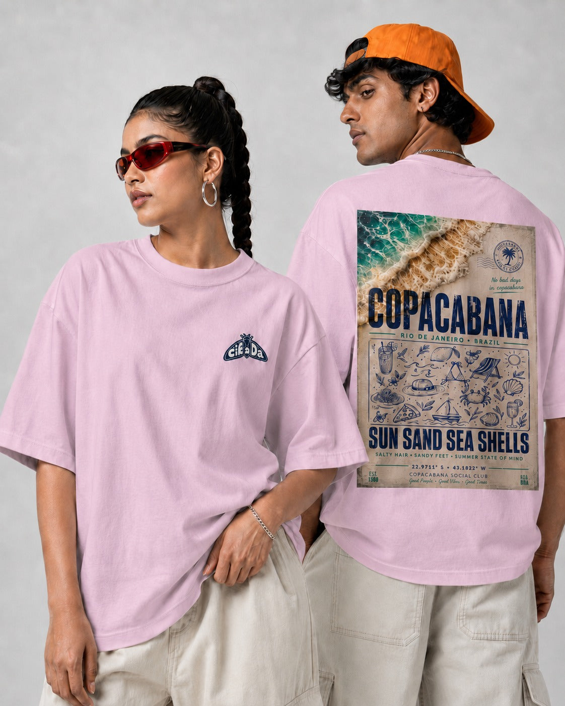 light baby pink front back - Copacabana Graphic Unisex Oversized Classic T-Shirt | Cikada Clothing
