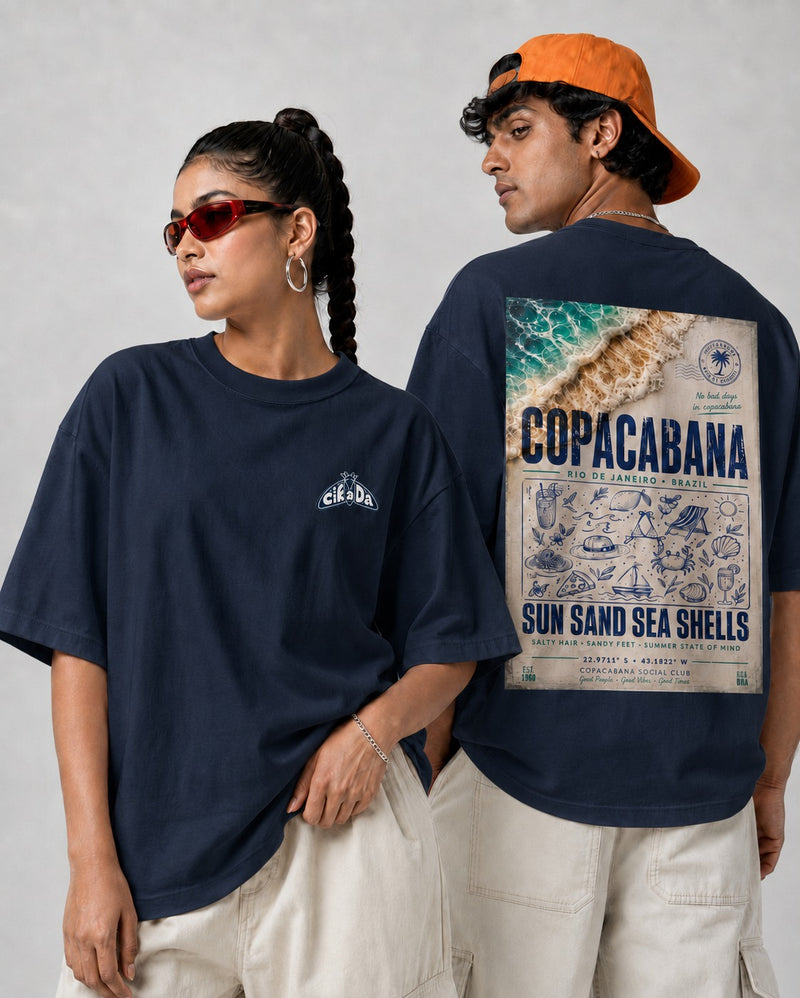 navy blue front back - Copacabana Graphic Unisex Oversized Classic T-Shirt | Cikada Clothing