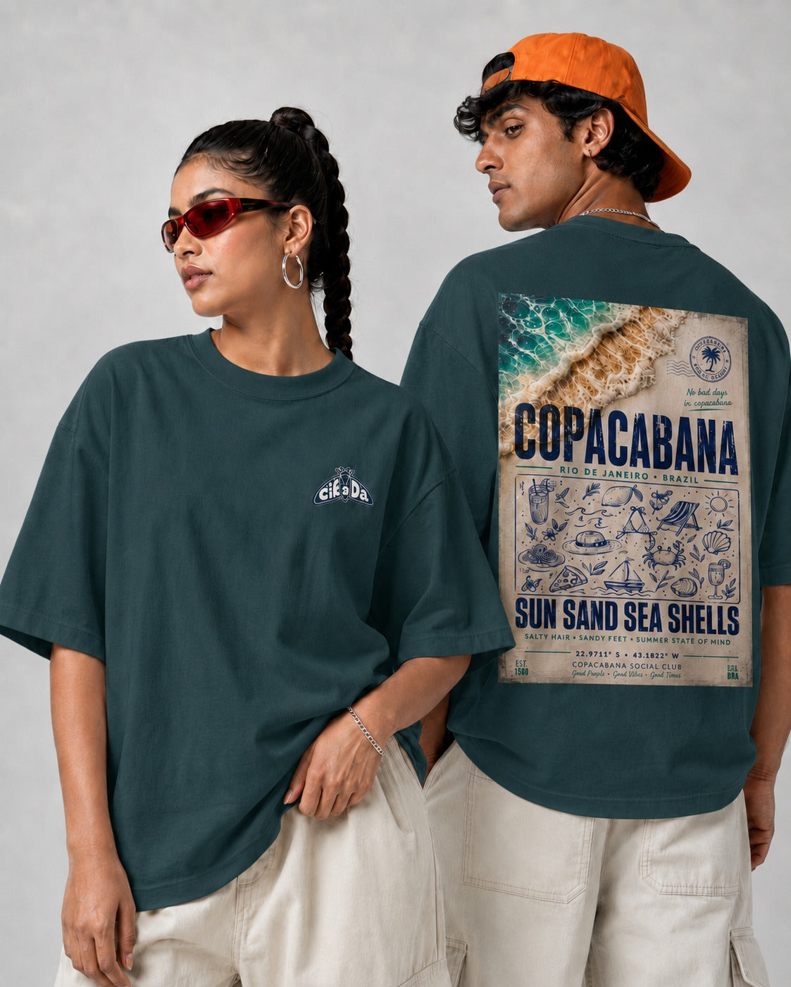 petrol blue front back - Copacabana Graphic Unisex Oversized Classic T-Shirt | Cikada Clothing