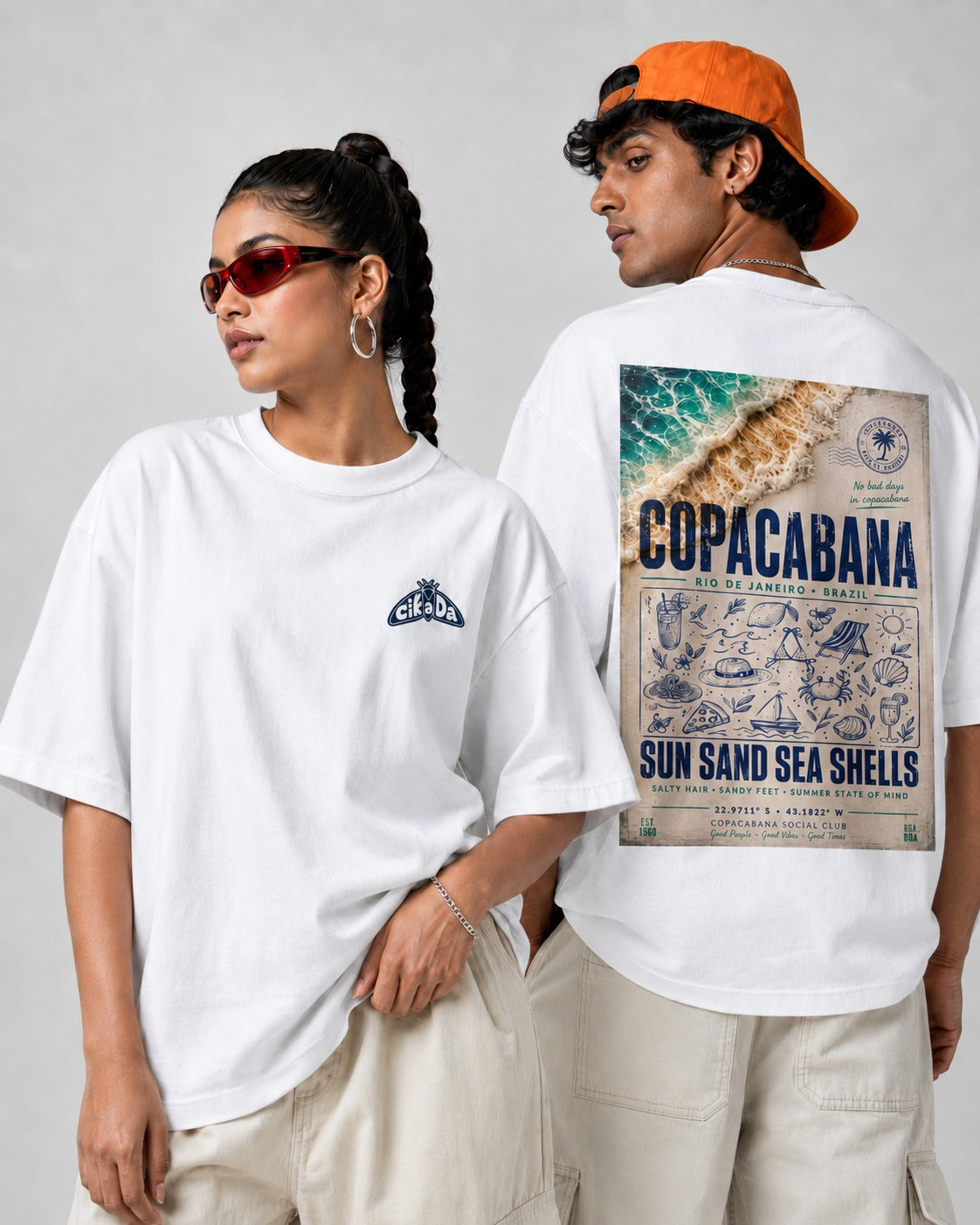 white front back - Copacabana Graphic Unisex Oversized Classic T-Shirt | Cikada Clothing