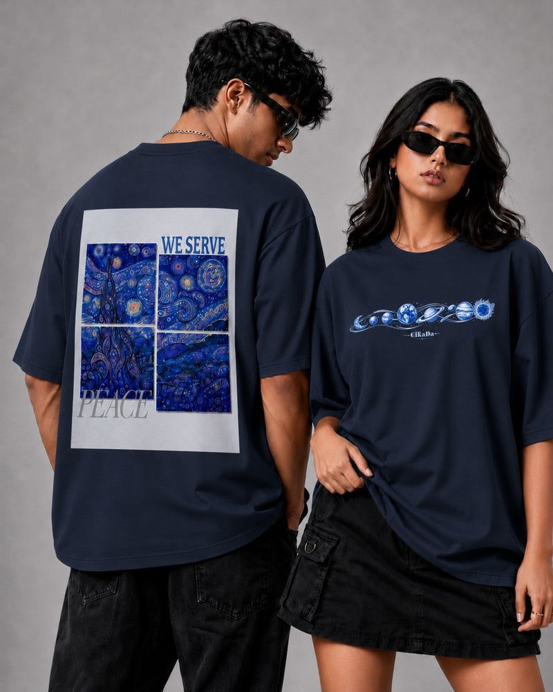 navy blue front back - Van Gogh Unisex Oversized Classic T-Shirt | Cikada Clothing