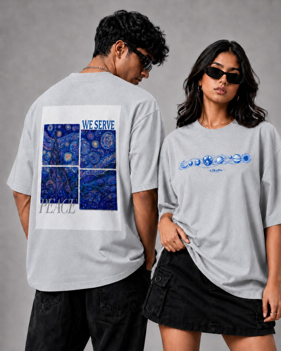 grey melange front back - Van Gogh Unisex Oversized Classic T-Shirt | Cikada Clothing