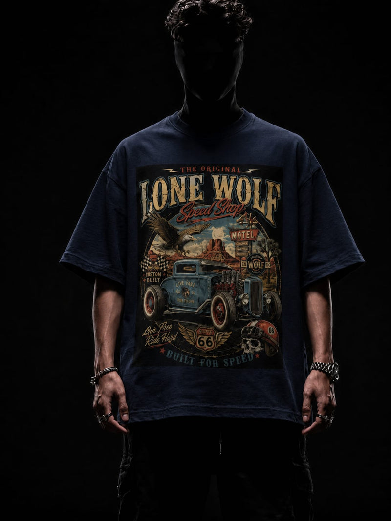 navy blue front back - Unisex Terry Oversized Graphic Tee Lone Wolf | Cikada Clothing