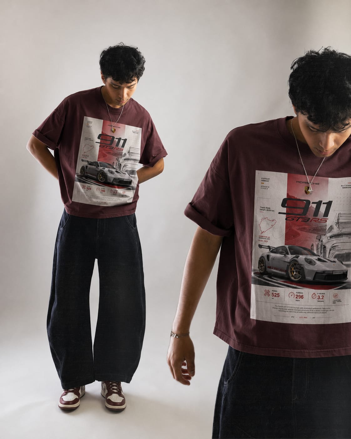 maroon front back - Porsche 911 Unisex Oversized Classic T-Shirt | Cikada Clothing