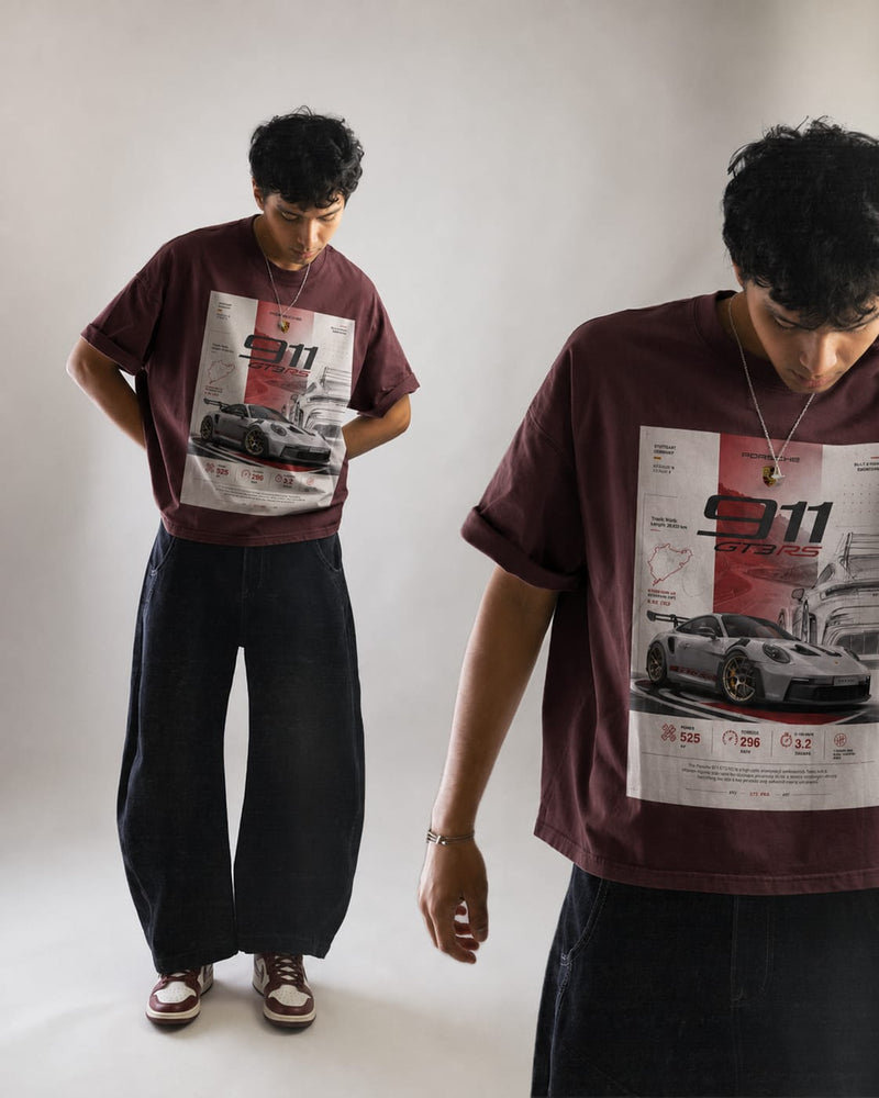 maroon front back - Porsche 911 Unisex Oversized Classic T-Shirt | Cikada Clothing