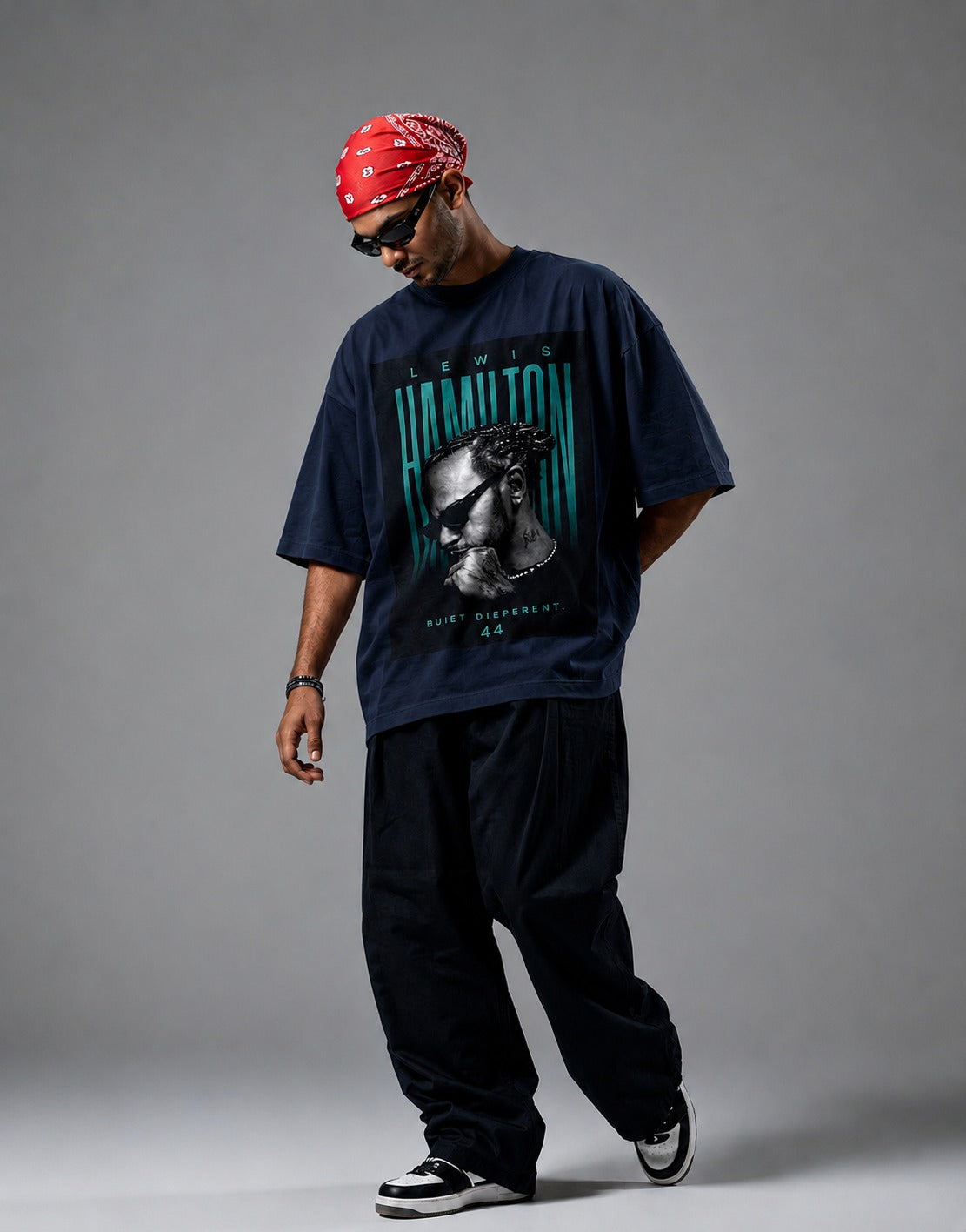 Navy Blue Front Back - Lewis Hamilton Unisex Terry Oversized Tee | Cikada Clothing