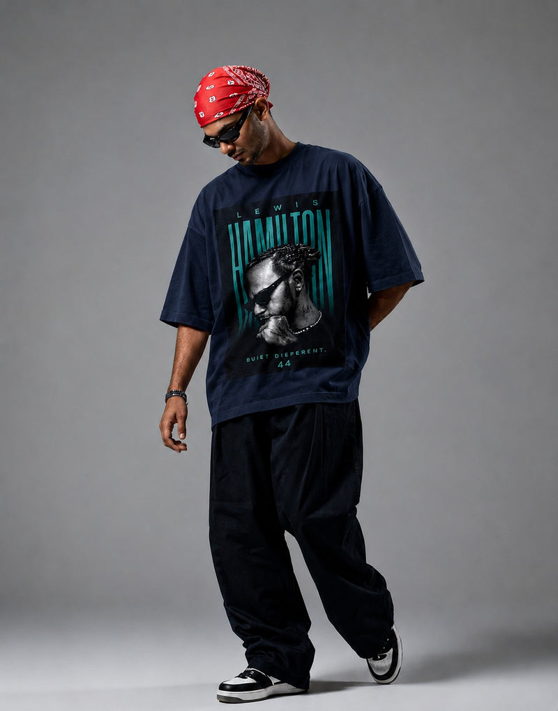 Navy Blue Front Back - Lewis Hamilton Unisex Terry Oversized Tee | Cikada Clothing