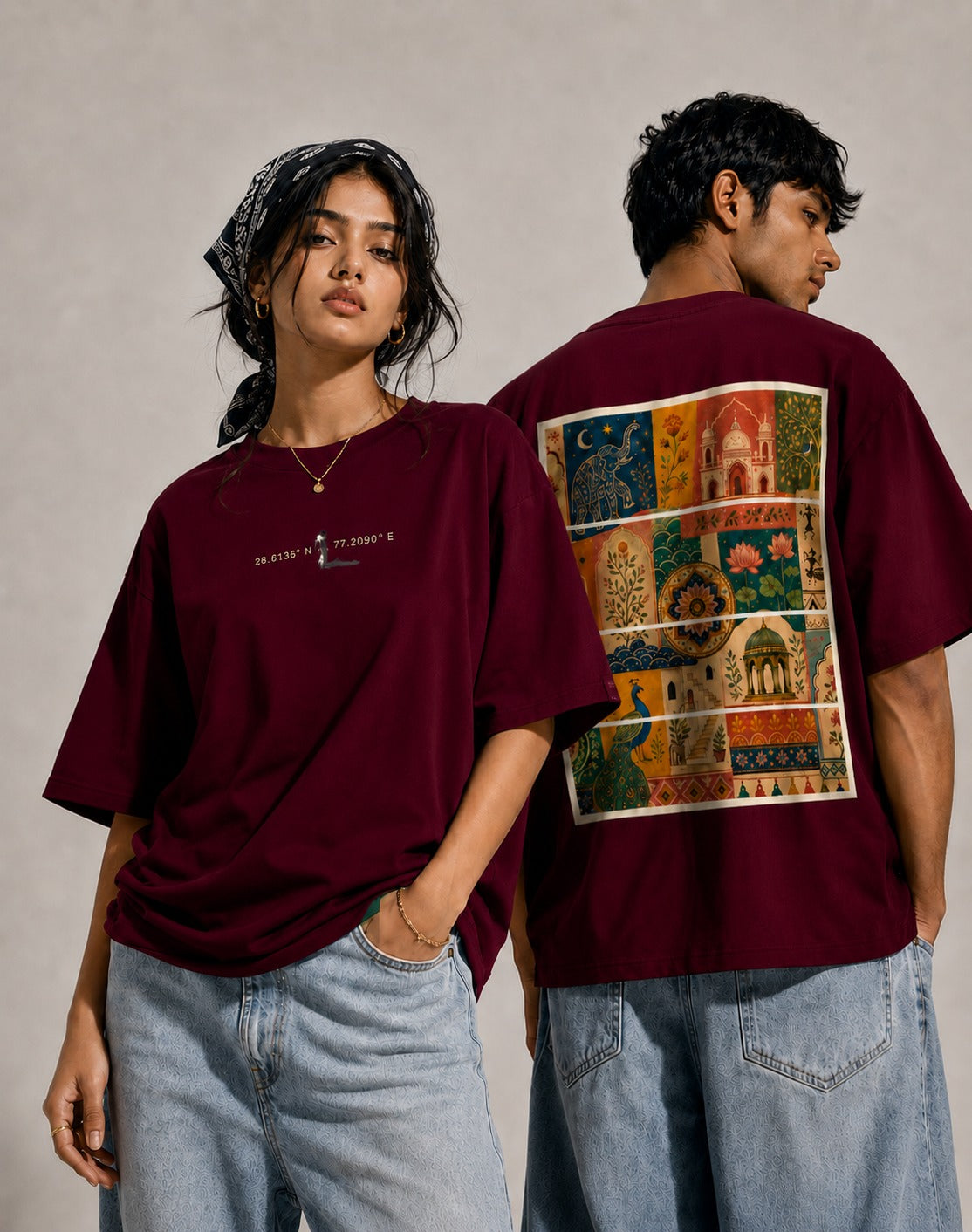 maroon front back - Unisex Oversized Classic T-Shirt Motif Art Graphic | Cikada Clothing